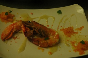 hazelnut puree, poached lobster and texas gulf shrimp, vanilla lime vinaigrette, aji amarillo papaya granita, micro lemon minimint